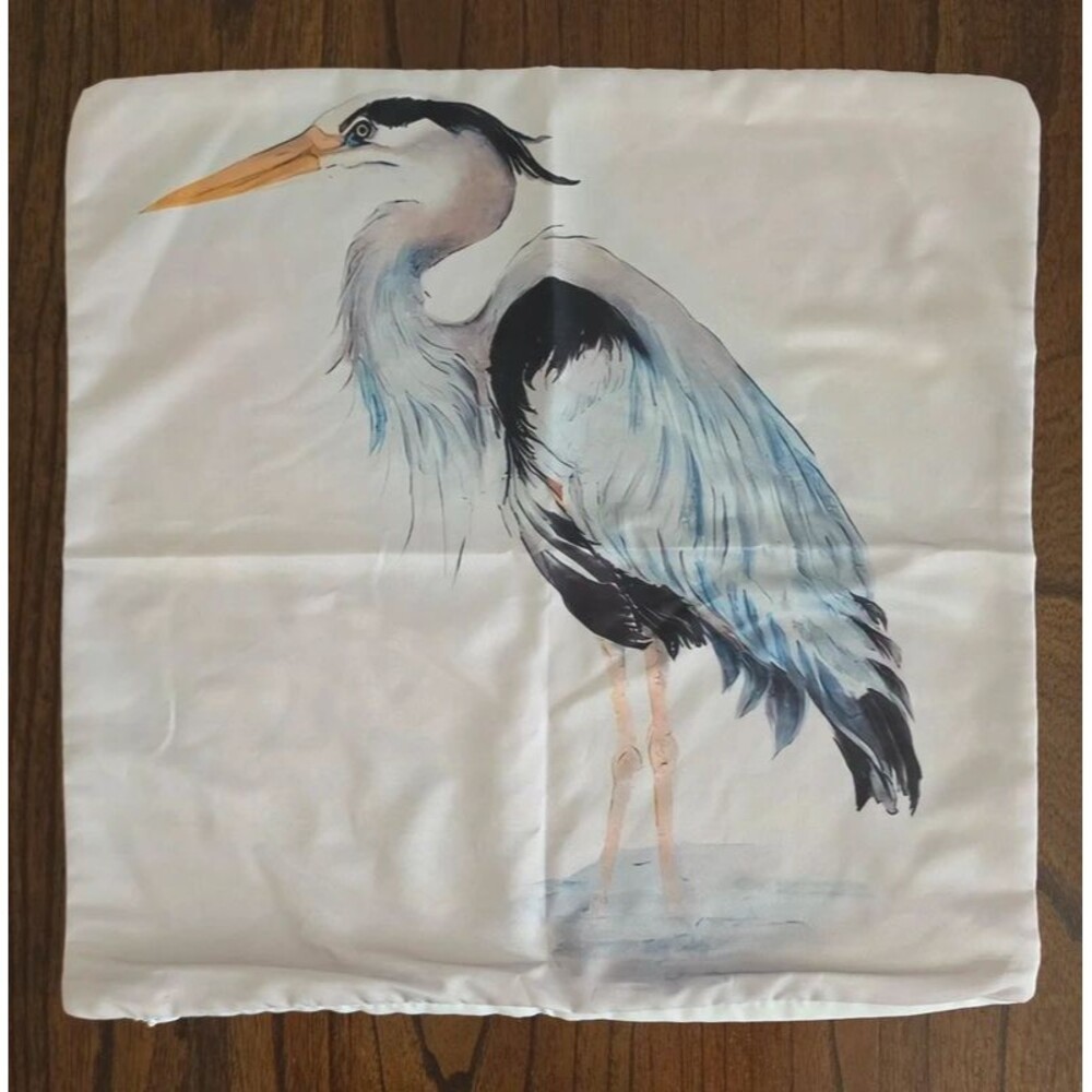 18x18 Decorative Pillow Cover Great Blue Heron Bird Watercolor Coastal Decor
